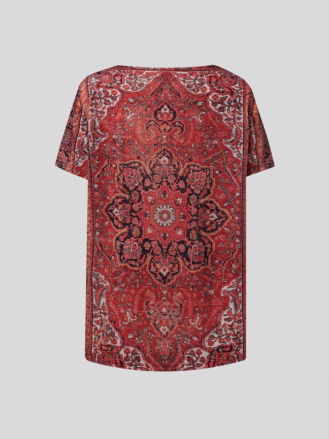 Ethnic Print Short-Sleeved V-Neck T-shirt