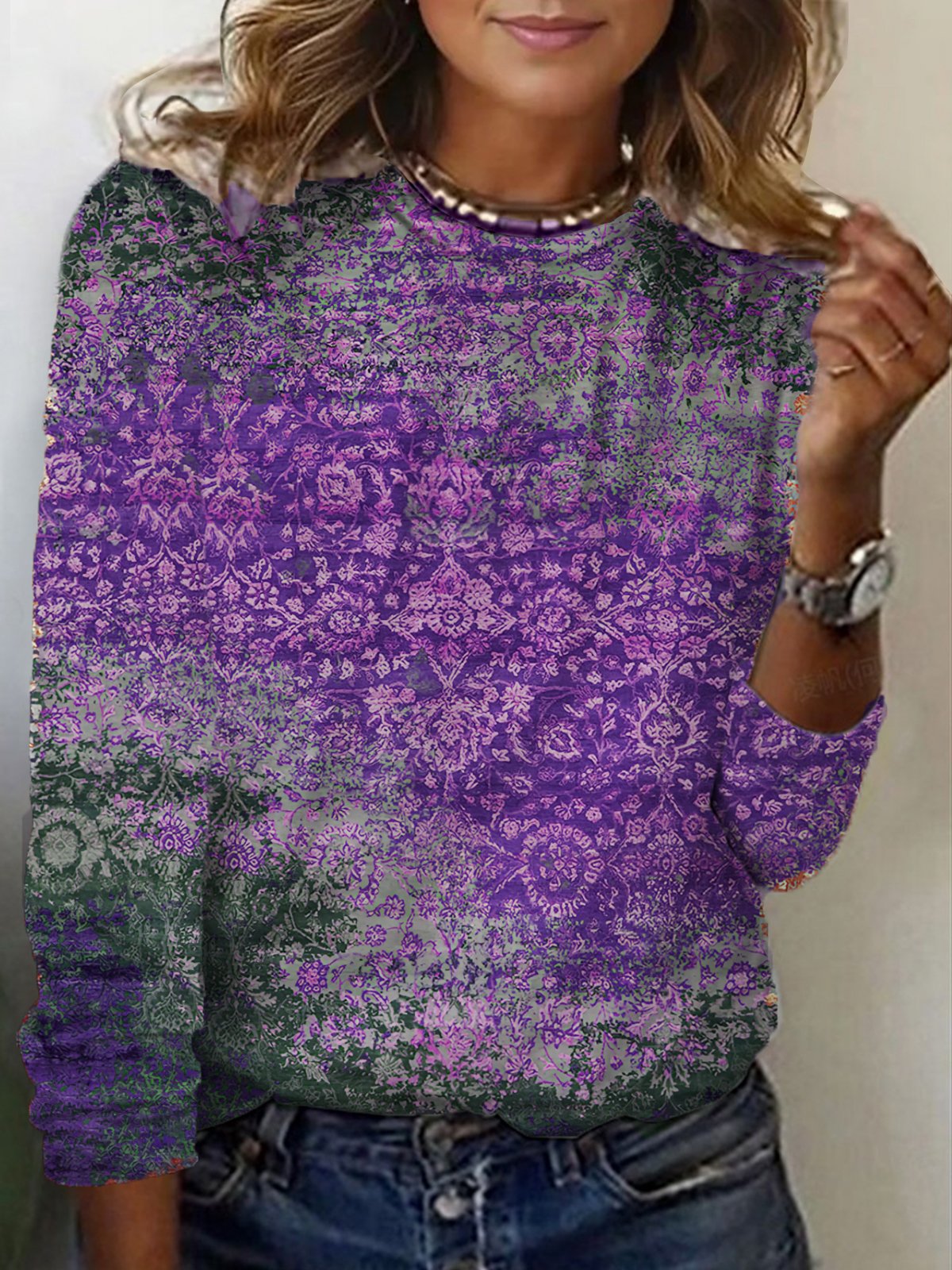 Ethnic Print Long Sleeve Crew Neck T-shirt