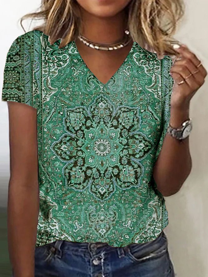 Ethnic Print Short-Sleeved V-Neck T-shirt