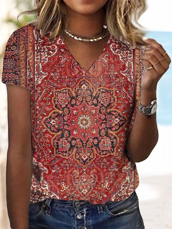 Ethnic Print Short-Sleeved V-Neck T-shirt