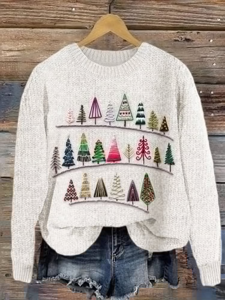 Women's Christmas Tree Embroidered Print Crew Neck Sweater