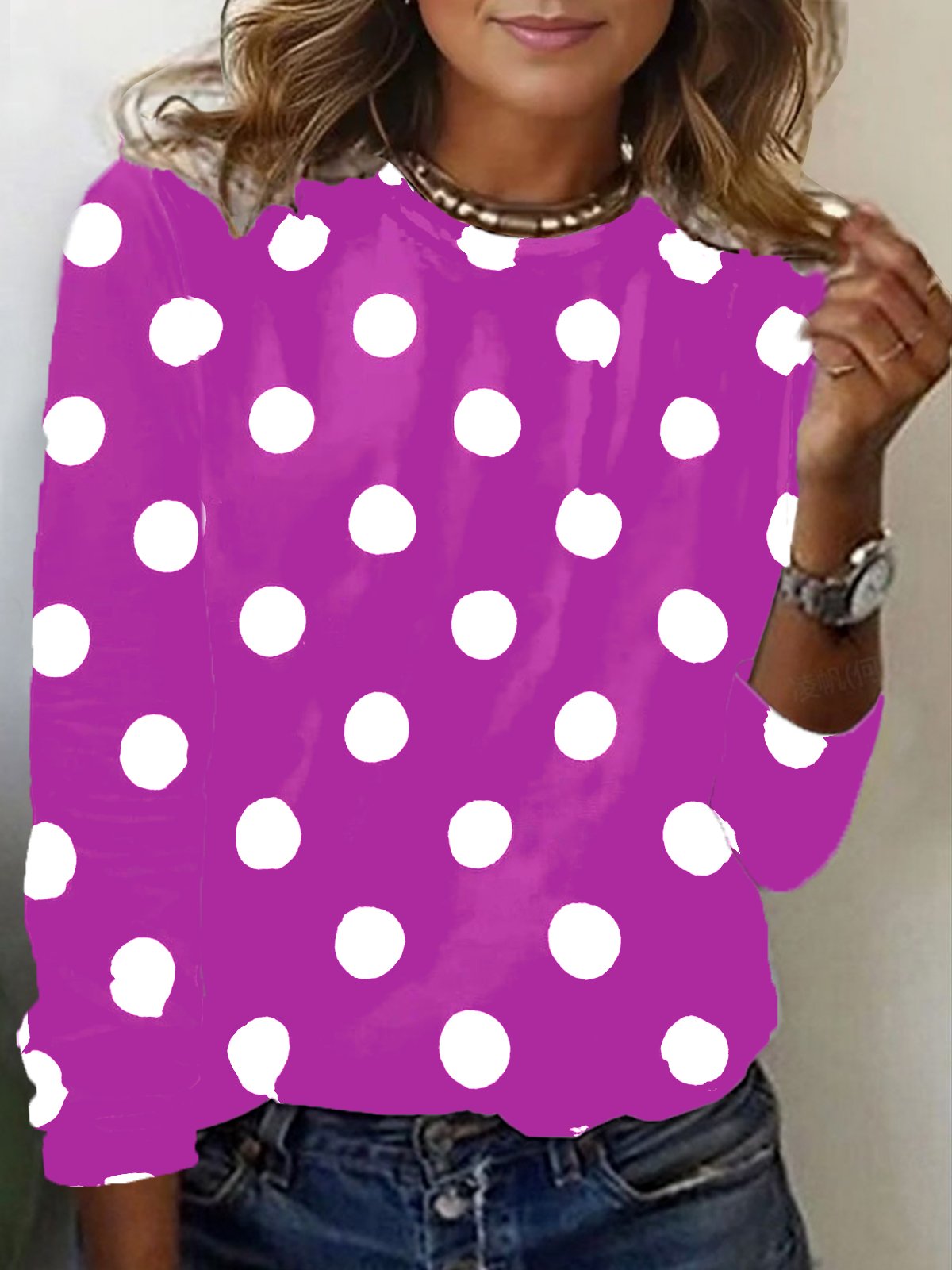 Polka Dot Print Long Sleeve Crew Neck T-shirt