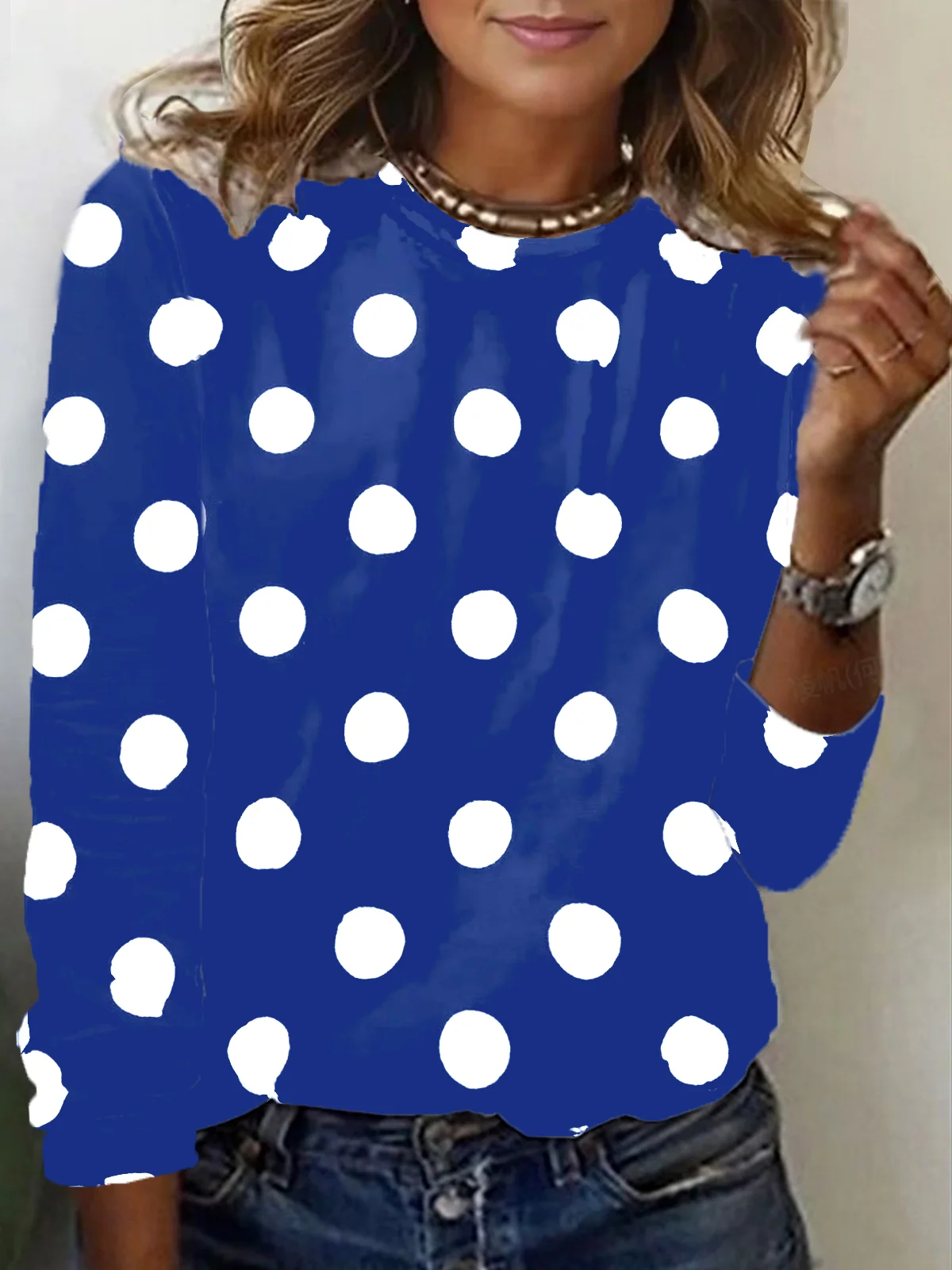 Polka Dot Print Long Sleeve Crew Neck T-shirt