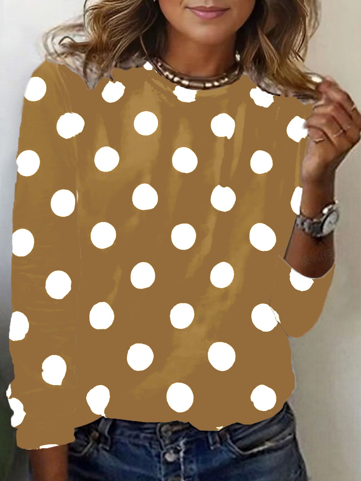 Polka Dot Print Long Sleeve Crew Neck T-shirt