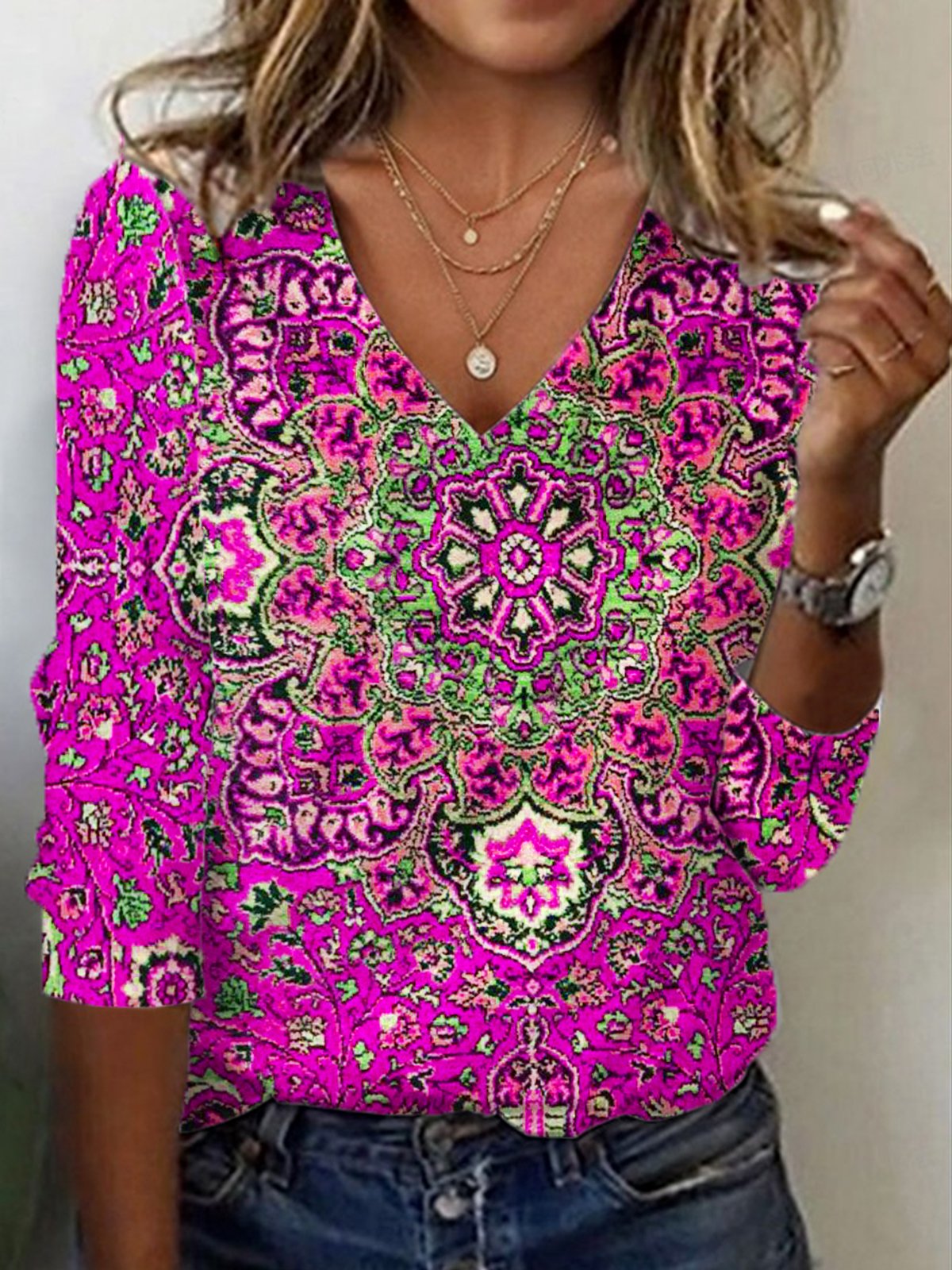 Ethnic Print Long Sleeve V-Neck T-shirt