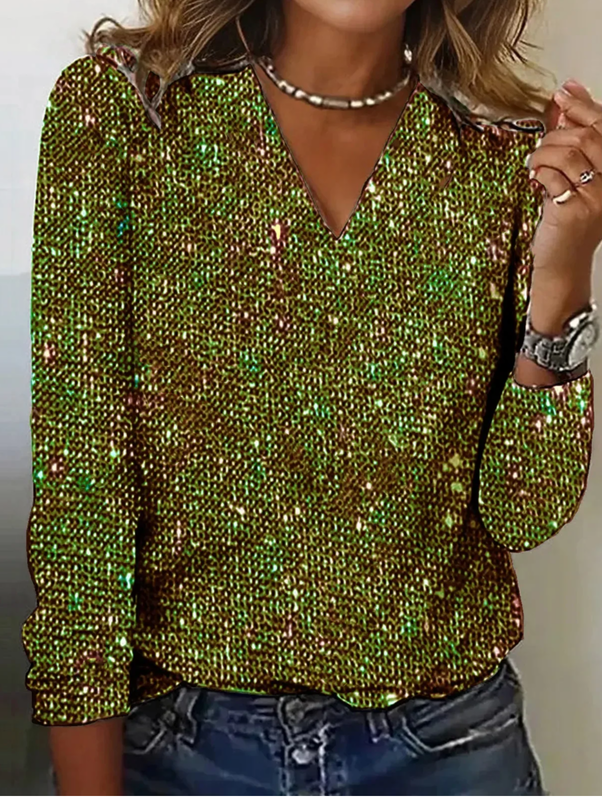 Casual V Neck Glitter Loose T-Shirt