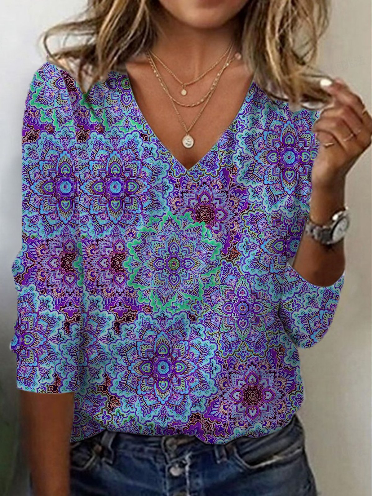 Ethnic Print Long Sleeve V-Neck T-shirt