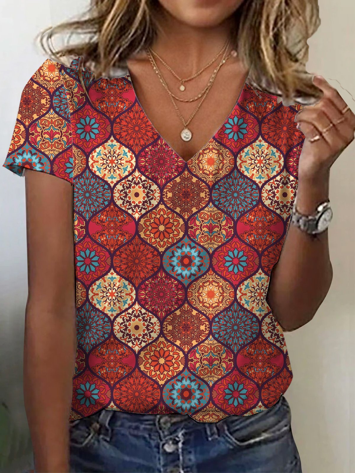 Ethnic Print Short Sleeve V-Neck T-shirt