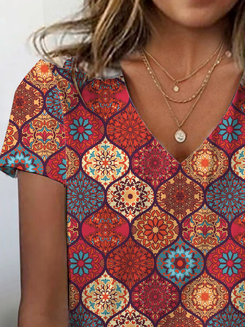 Ethnic Print Short Sleeve V-Neck T-shirt