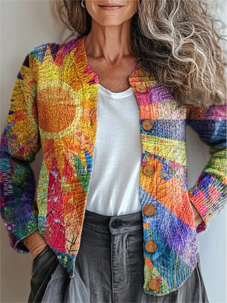 Multicolor Block Crew Neck Knitted Casual Cardigan