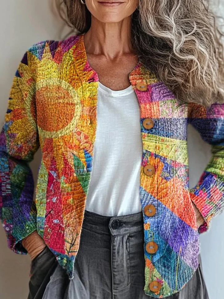 Multicolor Block Crew Neck Knitted Casual Cardigan