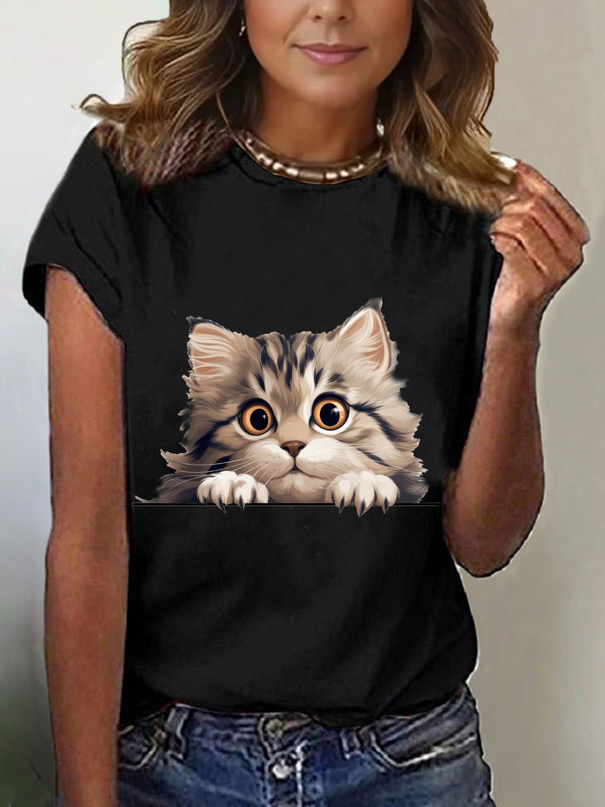 Women's Short Sleeve T-shirt Summer Black Cat Cotton-Blend Crew Neck Daily Going Out Casual Top