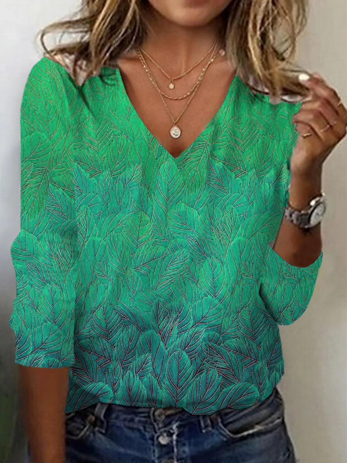 Leaf Print Long Sleeve V-Neck T-shirt