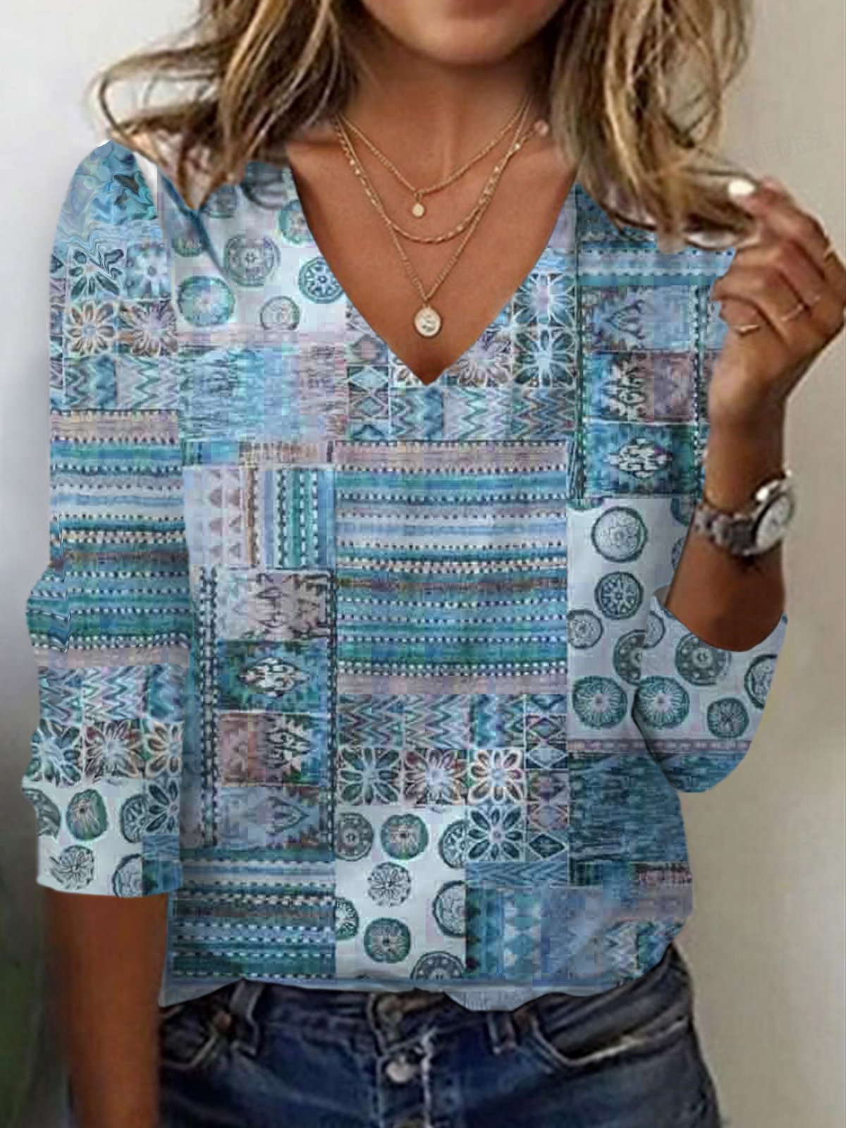 Ethnic Print Long Sleeve V-Neck T-shirt