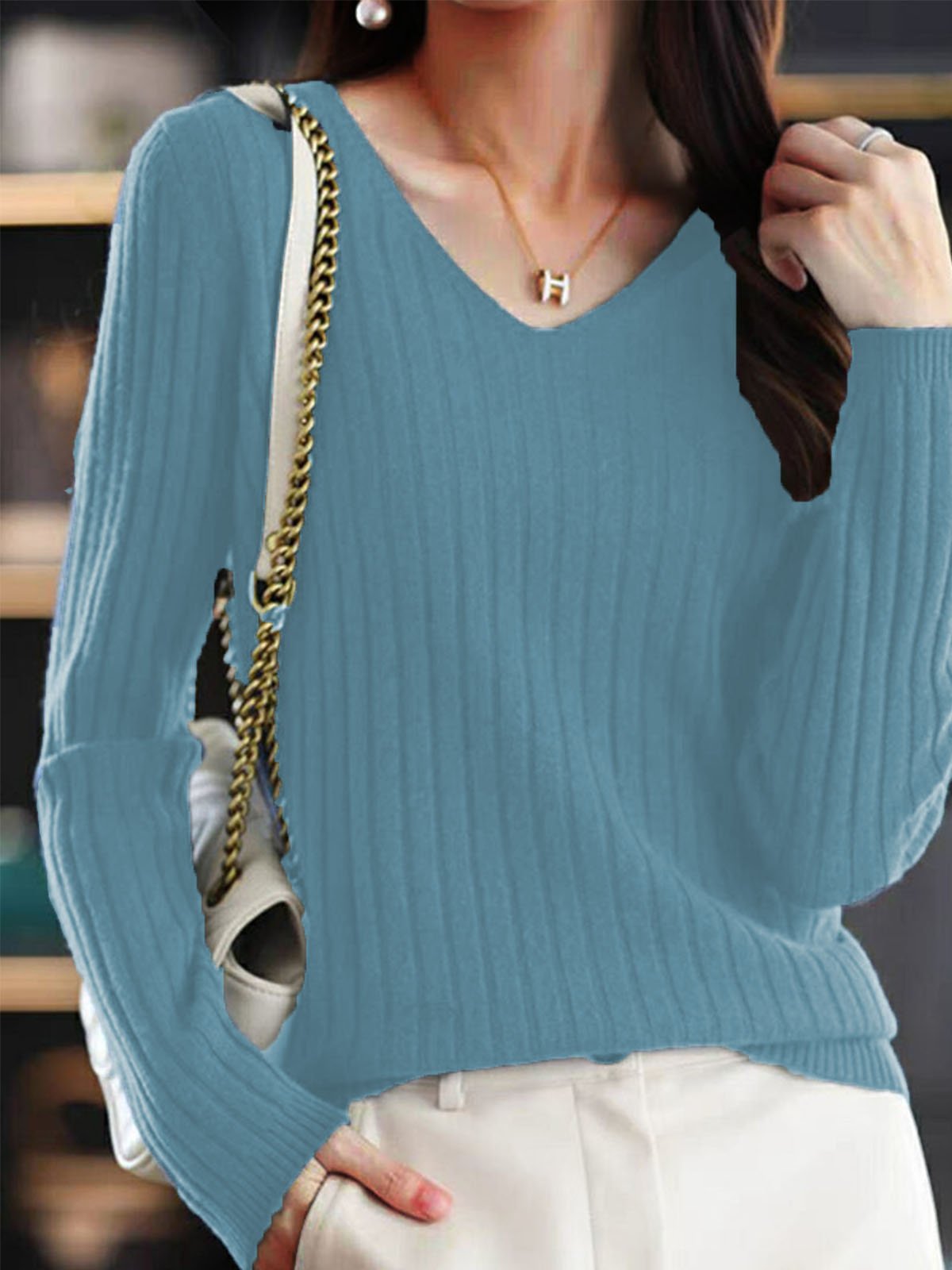 Casual V-neck Yarn/Wool Yarn Plain Sweater