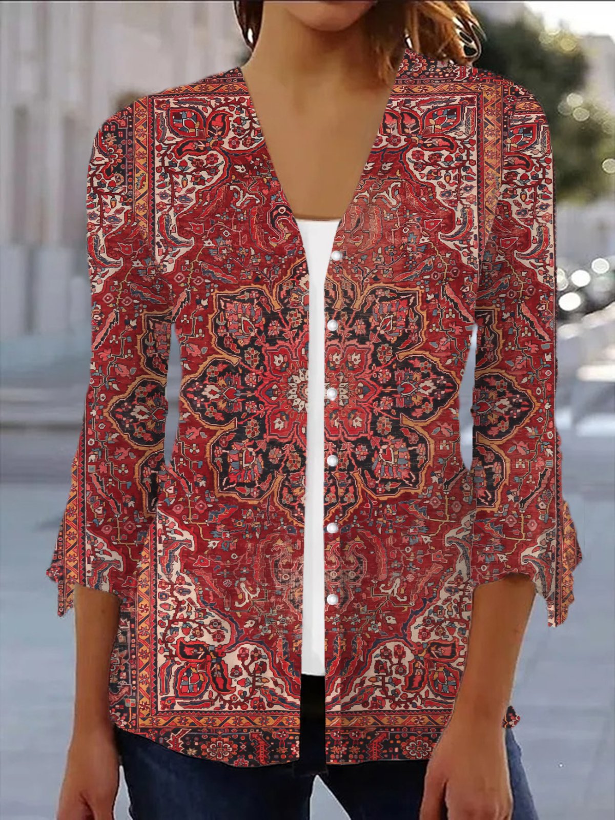 Ethnic Print Casual Shawl Jacket