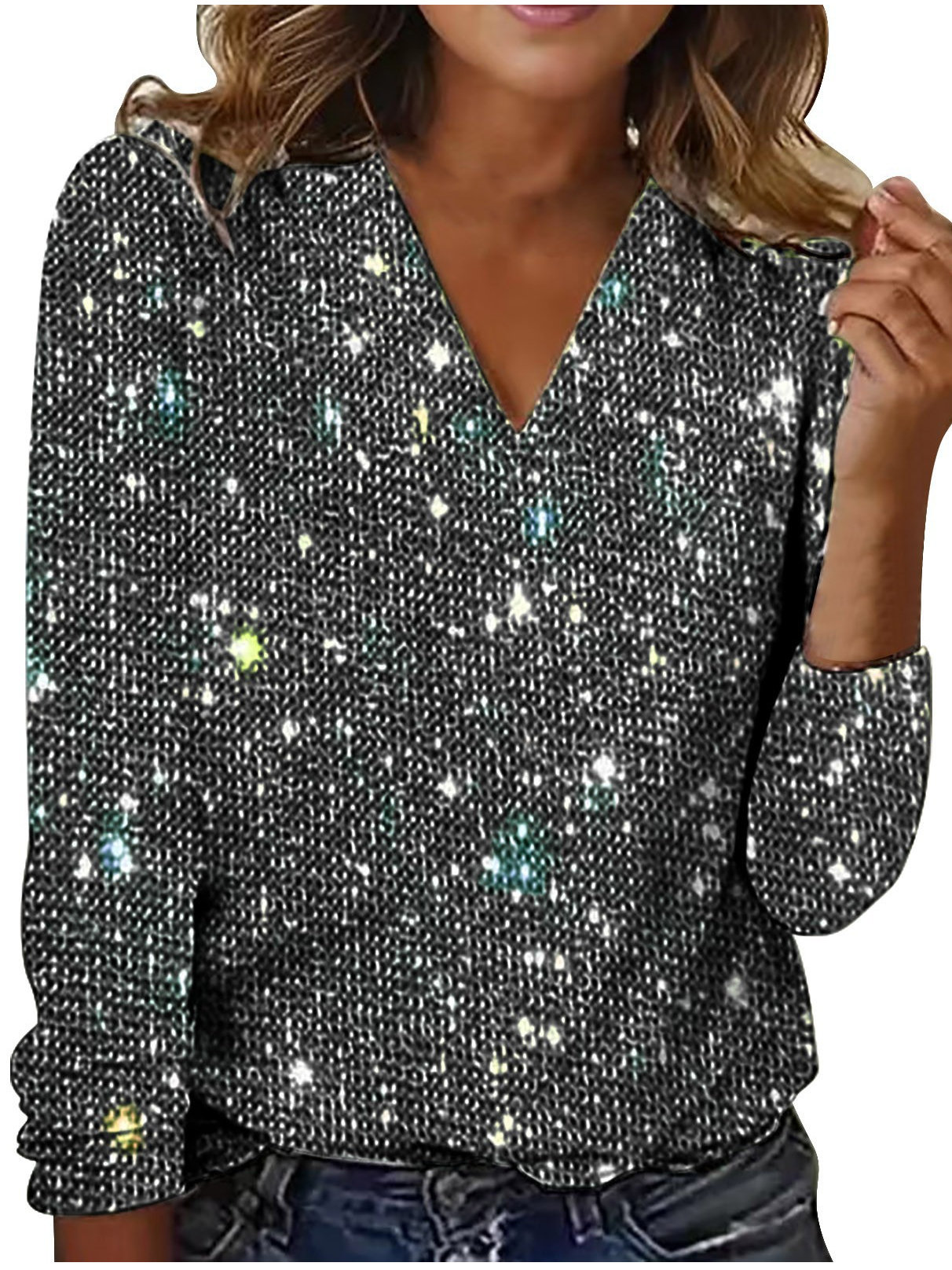 Casual V Neck Glitter Loose T-Shirt