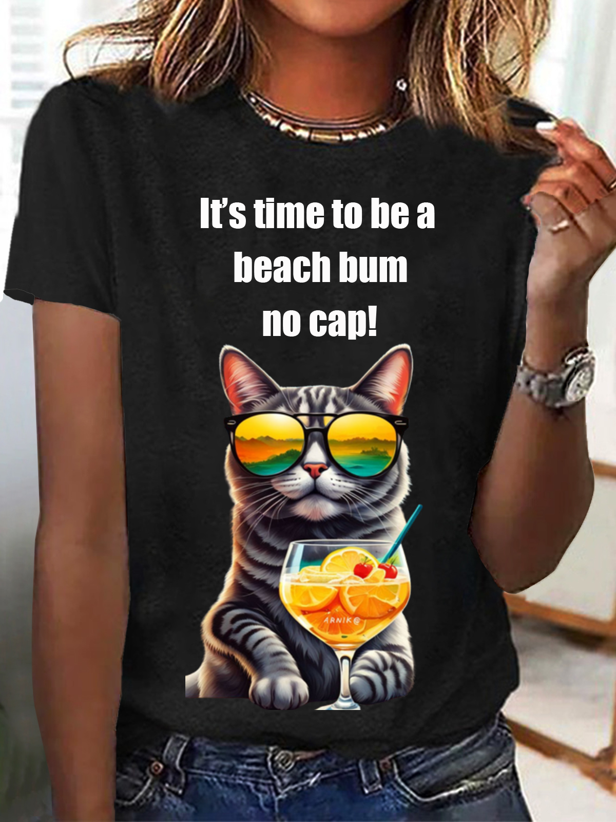 It's Time To Be A Beach Bum No Cap Funny Cat Animal Print Tee Casual Summer Short Sleeve T-Shirt