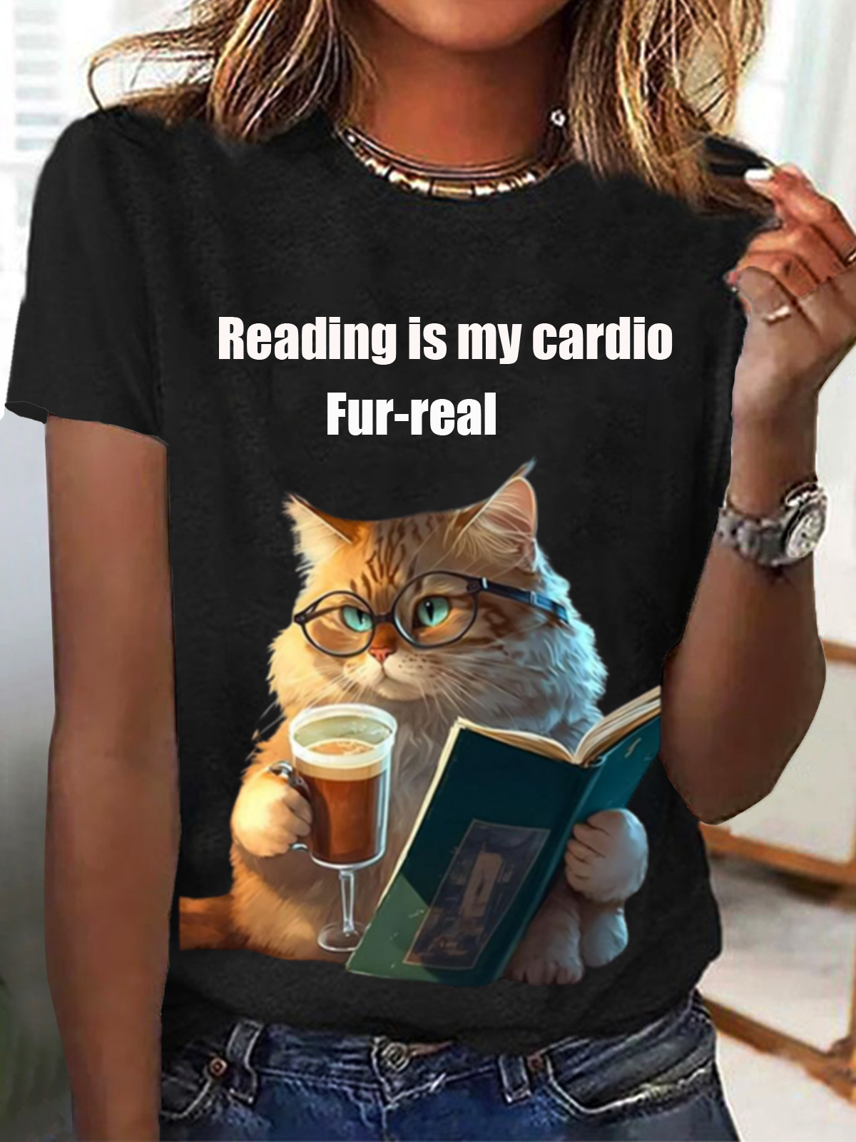 Reading Is My Cardio Fur-Real Funny Cat Animal Print Tee Casual Summer Short Sleeve T-Shirt