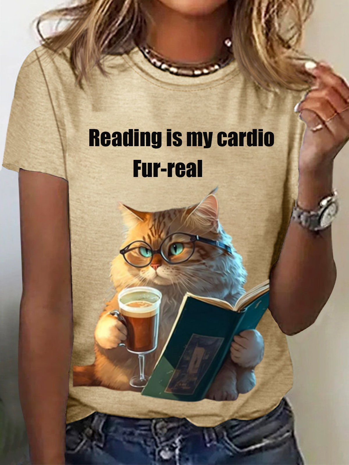 Reading Is My Cardio Fur-Real Funny Cat Animal Print Tee Casual Summer Short Sleeve T-Shirt