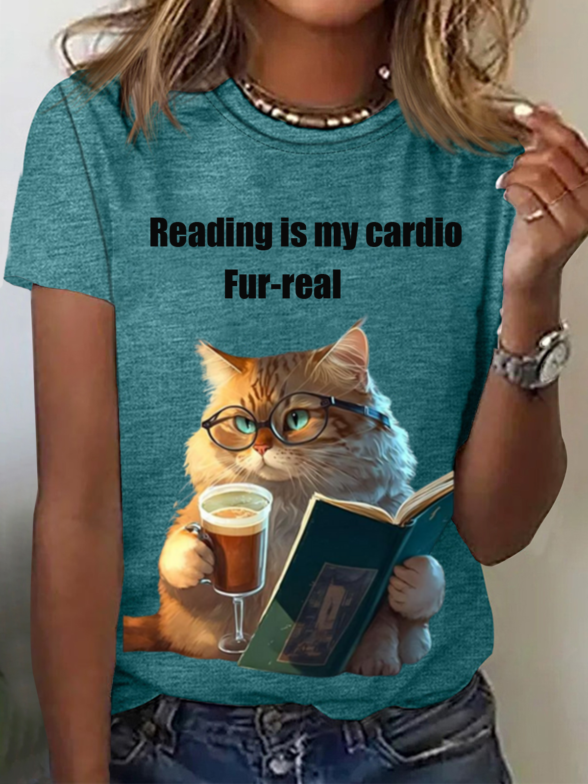 Reading Is My Cardio Fur-Real Funny Cat Animal Print Tee Casual Summer Short Sleeve T-Shirt