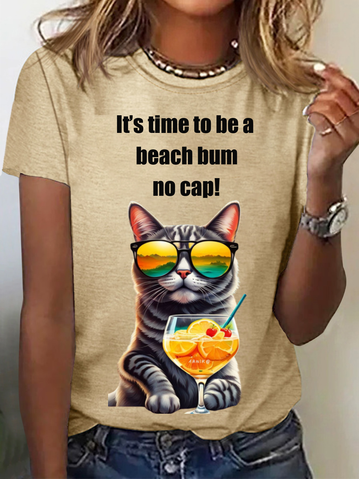 It's Time To Be A Beach Bum No Cap Funny Cat Animal Print Tee Casual Summer Short Sleeve T-Shirt