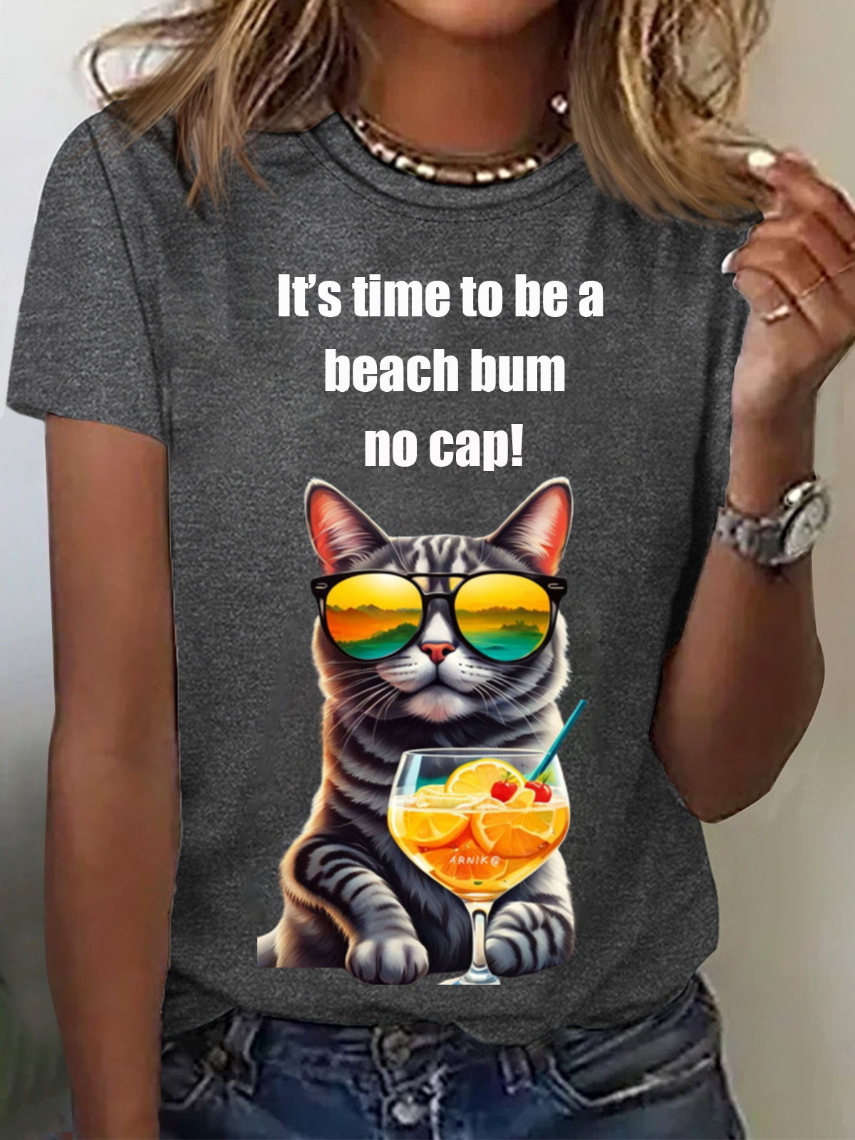 It's Time To Be A Beach Bum No Cap Funny Cat Animal Print Tee Casual Summer Short Sleeve T-Shirt