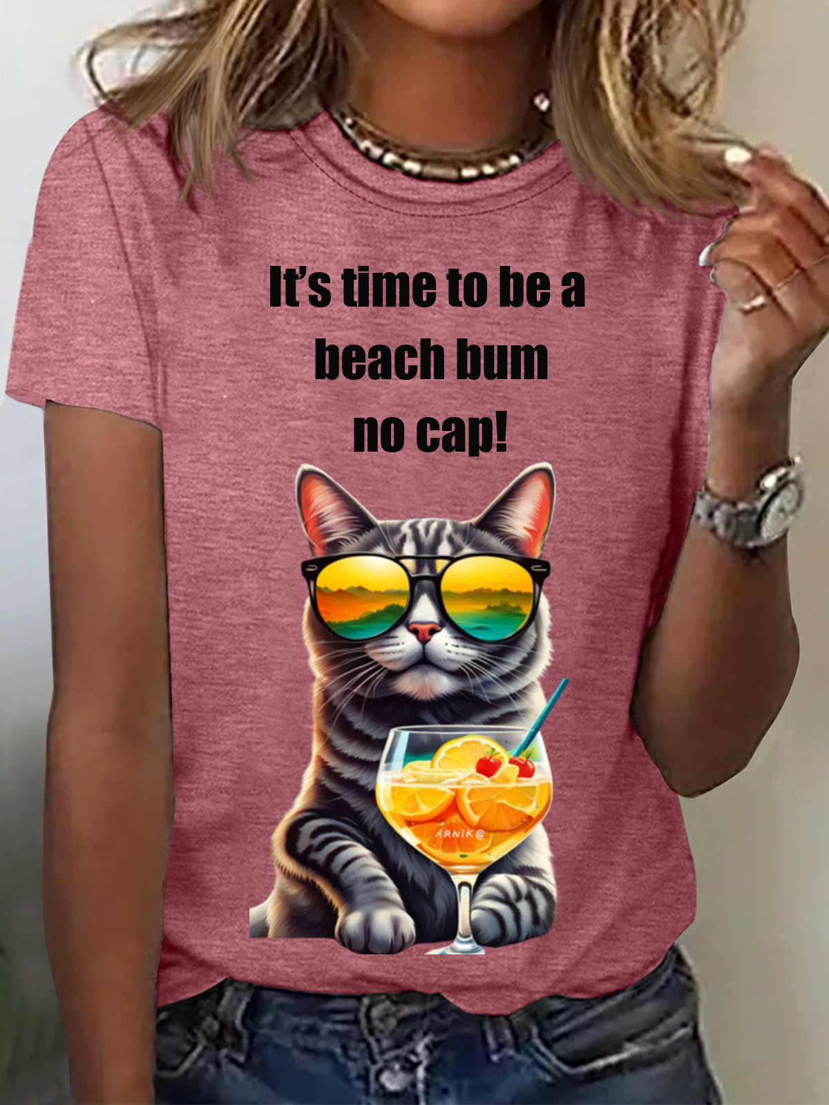 It's Time To Be A Beach Bum No Cap Funny Cat Animal Print Tee Casual Summer Short Sleeve T-Shirt