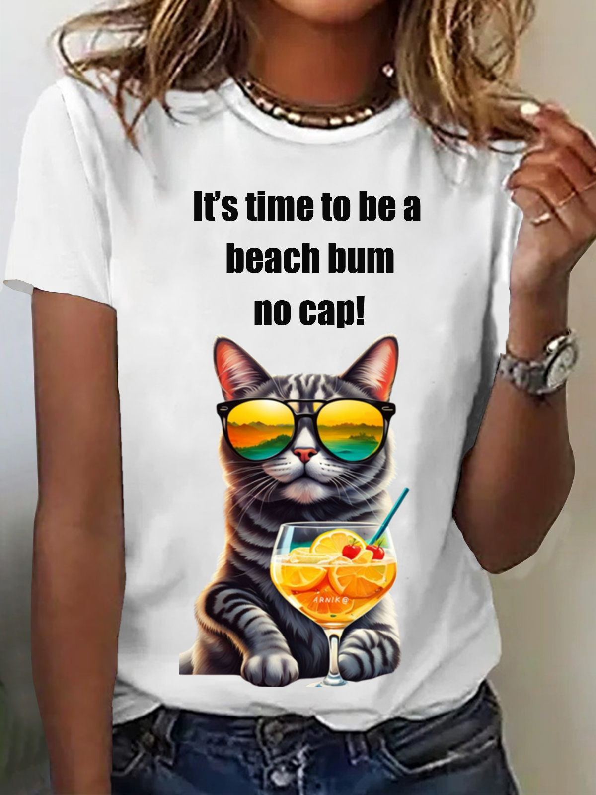 It's Time To Be A Beach Bum No Cap Funny Cat Animal Print Tee Casual Summer Short Sleeve T-Shirt