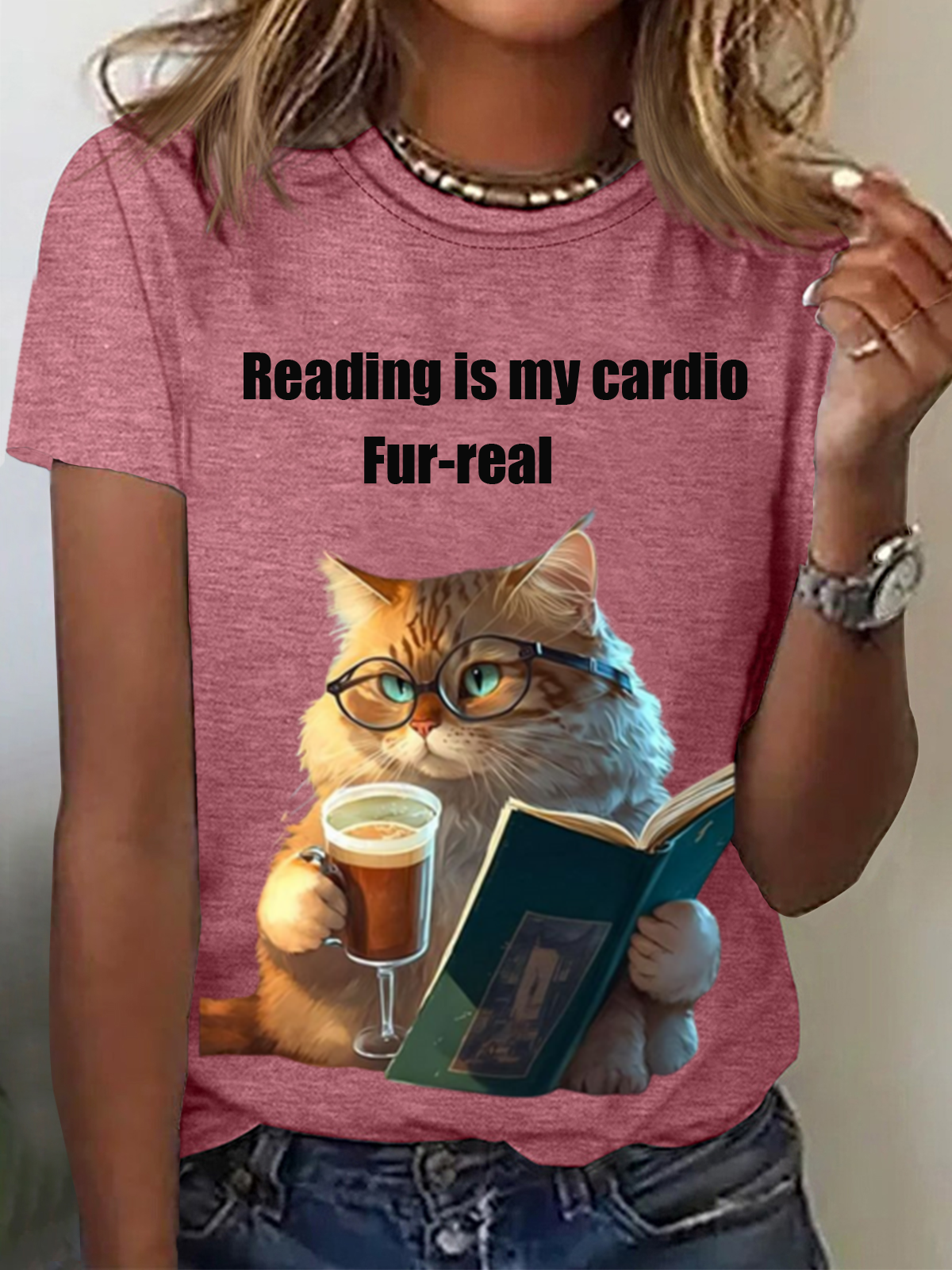 Reading Is My Cardio Fur-Real Funny Cat Animal Print Tee Casual Summer Short Sleeve T-Shirt