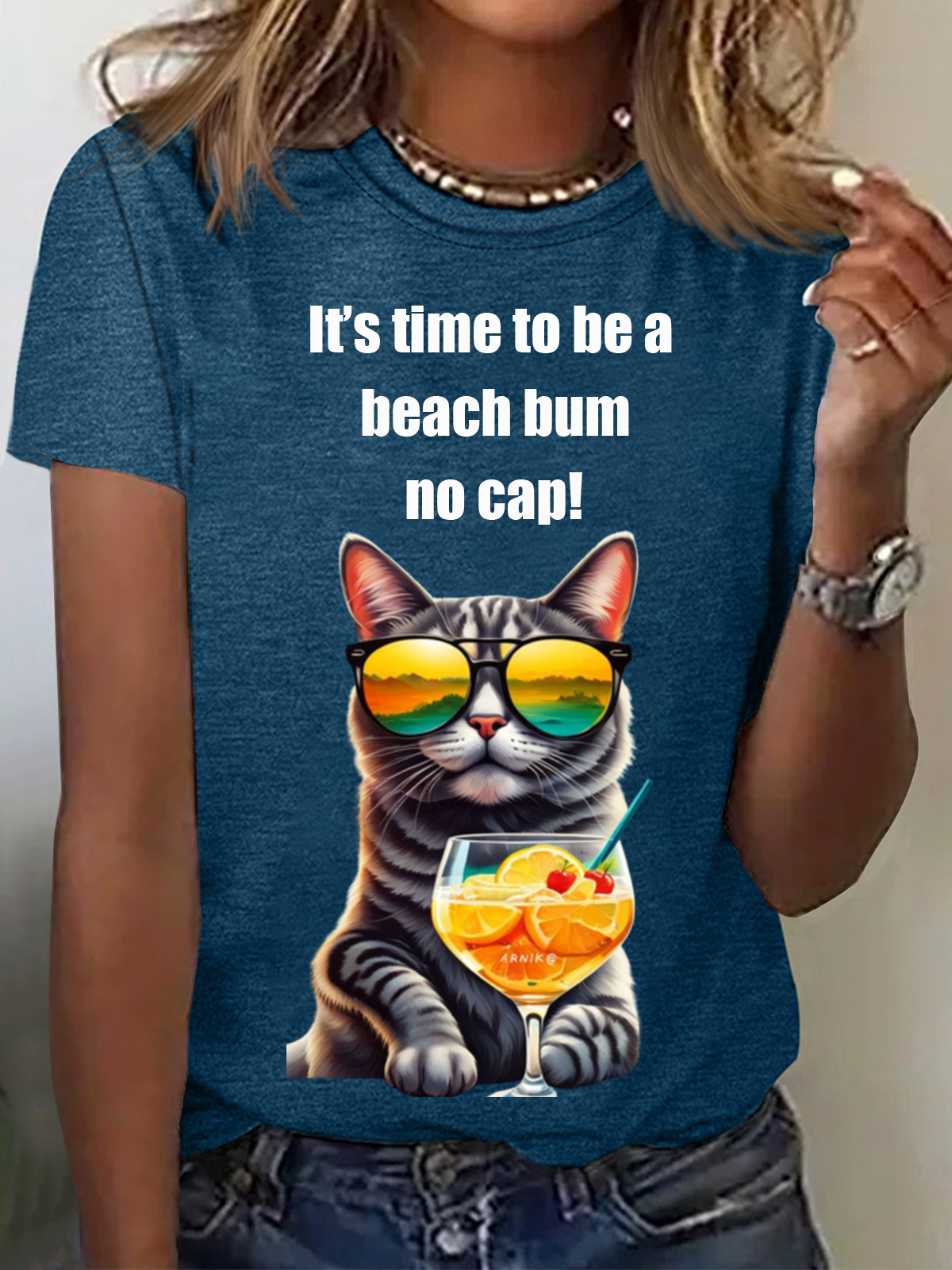 It's Time To Be A Beach Bum No Cap Funny Cat Animal Print Tee Casual Summer Short Sleeve T-Shirt