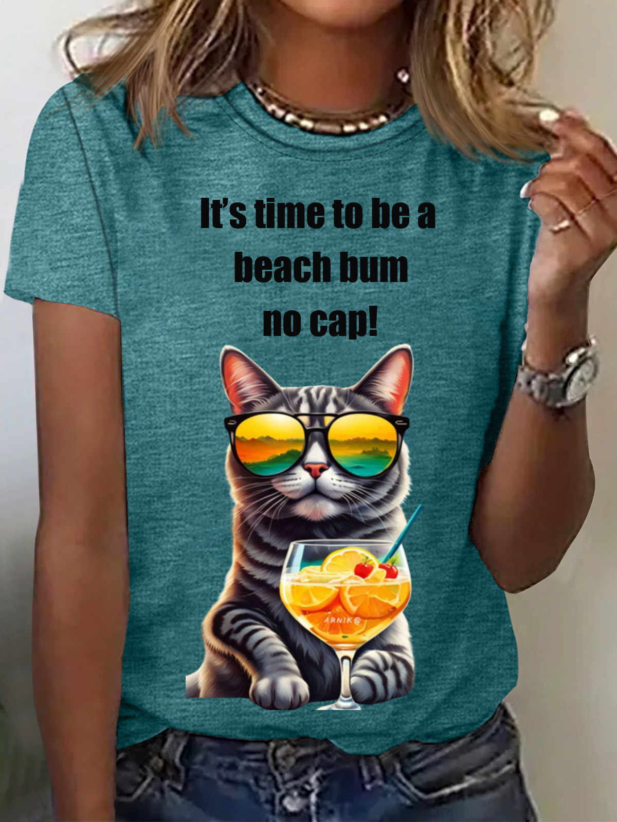 It's Time To Be A Beach Bum No Cap Funny Cat Animal Print Tee Casual Summer Short Sleeve T-Shirt