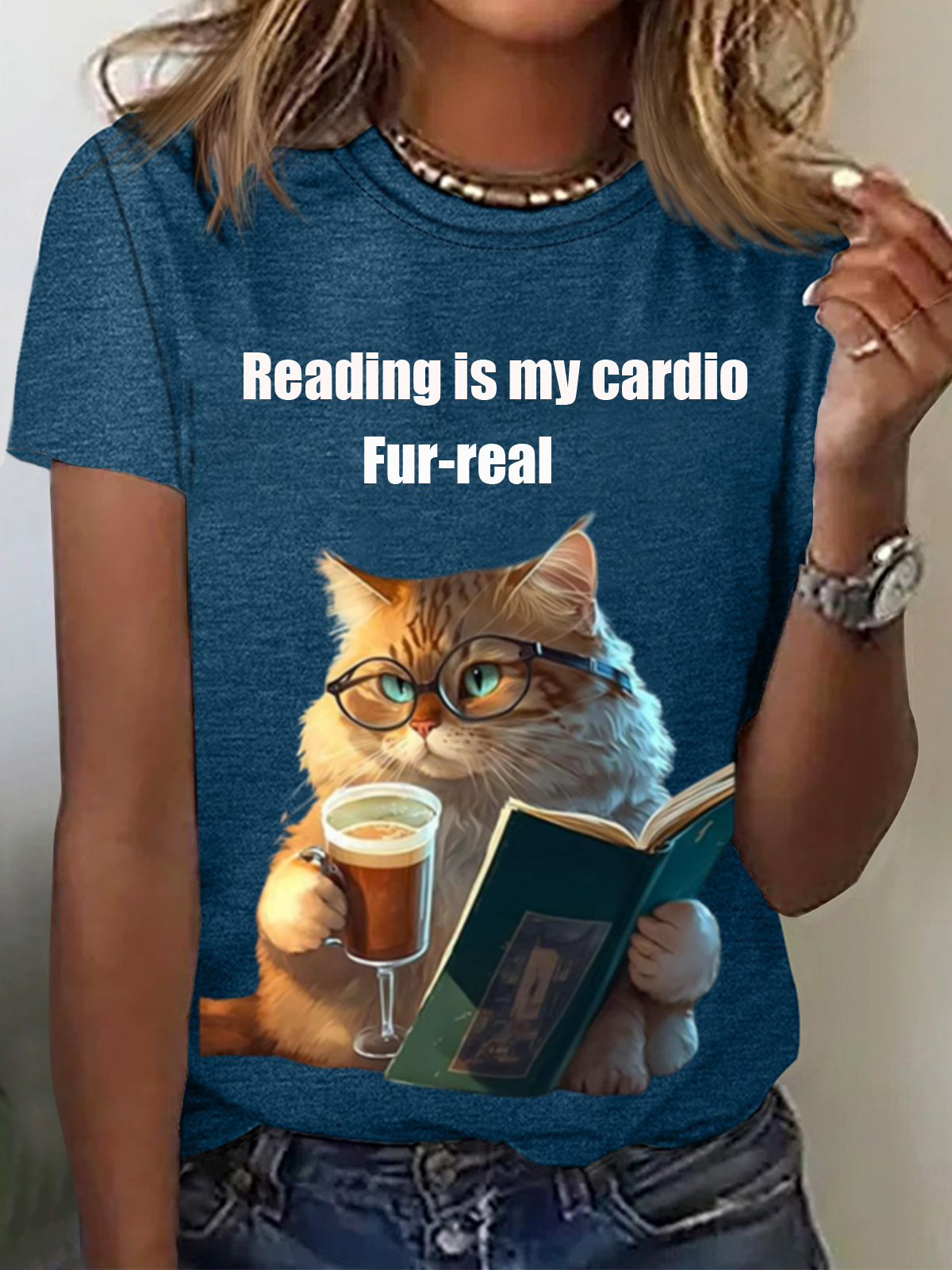 Reading Is My Cardio Fur-Real Funny Cat Animal Print Tee Casual Summer Short Sleeve T-Shirt