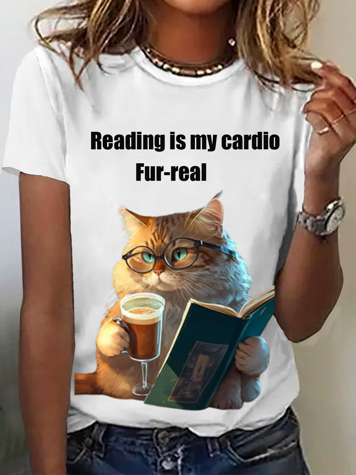 Reading Is My Cardio Fur-Real Funny Cat Animal Print Tee Casual Summer Short Sleeve T-Shirt