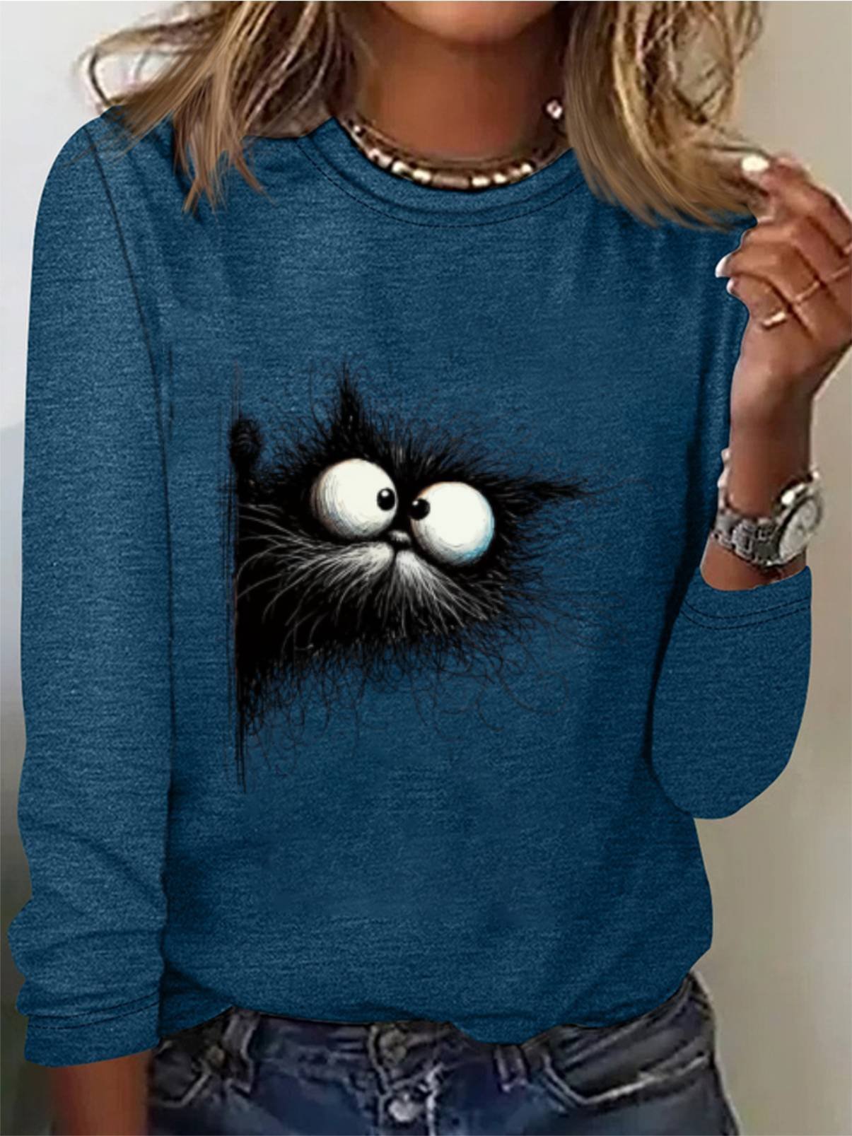 Women's Cute Cat Print Tee Animal Print Long Sleeve Casual Funny T-Shirt