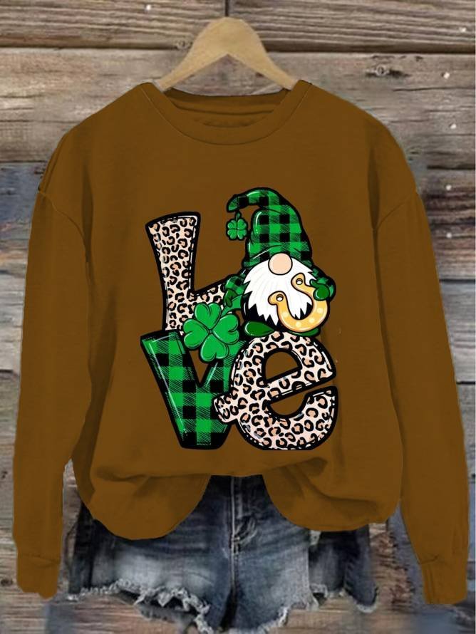 Women's Love Leopard Print Sweatshirt St. Patrick's Day Four-Leaf Clover Crew Neck Sweatshirt