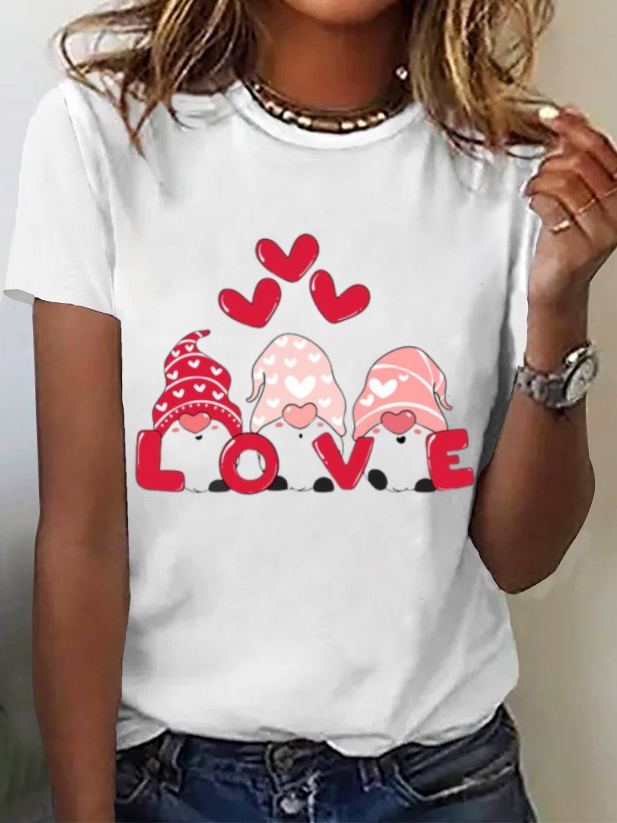 Women's Valentine's Day Tee Love Heart Print Short Sleeve Cute T-shirt