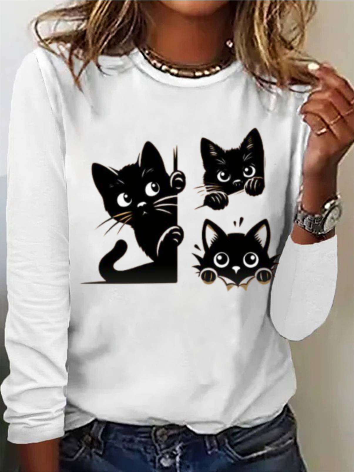 Women's Cute Black Cat Print Tee Long Sleeve Casual T-Shirt