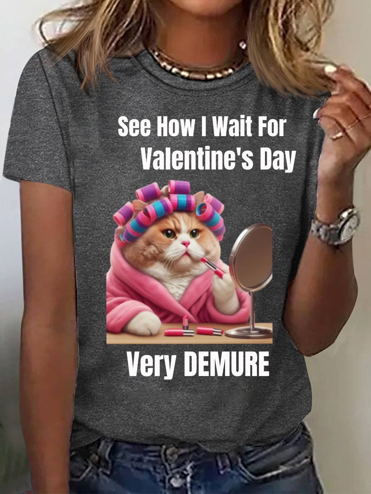 See How I Wait For Valentine's Day Tee Funny Cute Cat Print Casual Short Sleeve Summer T-Shirt