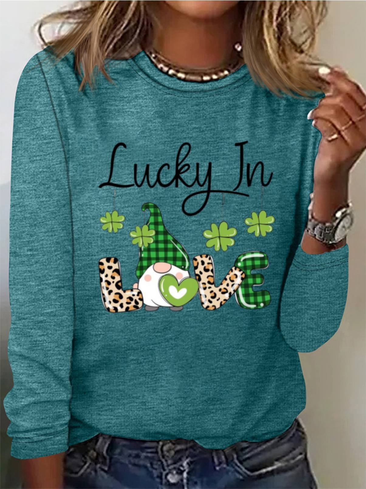 St. Patrick's Day Four Leaf Clover Print Long Sleeve Crew Neck T-shirt