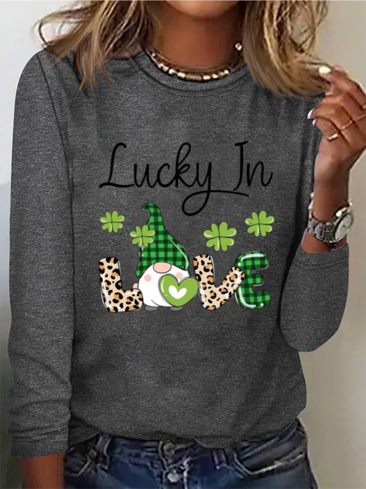 St. Patrick's Day Four Leaf Clover Print Long Sleeve Crew Neck T-shirt