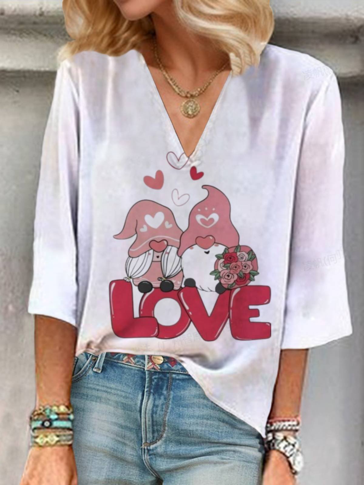 Women's Valentine's Day Heart Love Print V-Neck Blouse