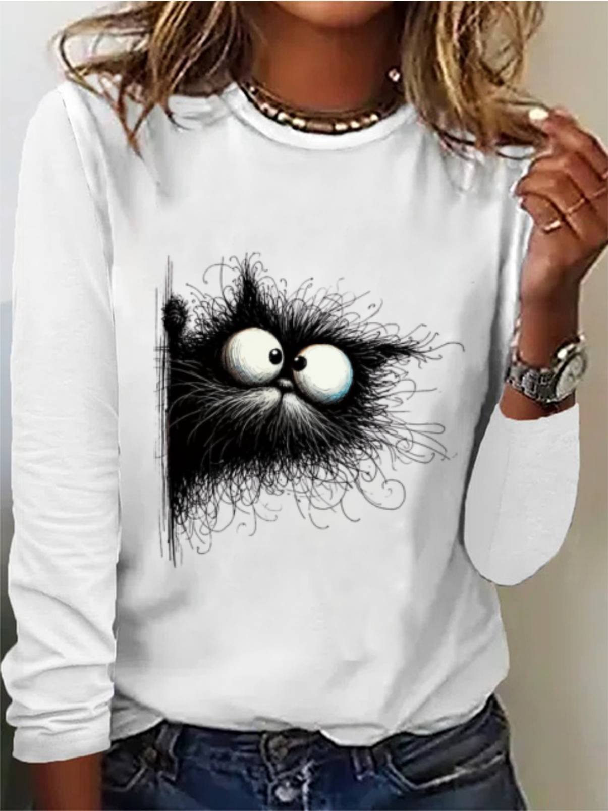 Women's Cute Cat Print Tee Animal Print Long Sleeve Casual Funny T-Shirt