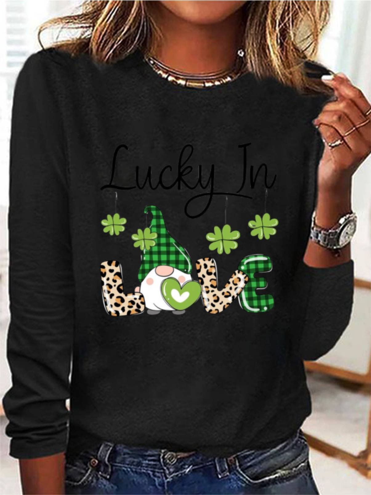 St. Patrick's Day Four Leaf Clover Print Long Sleeve Crew Neck T-shirt