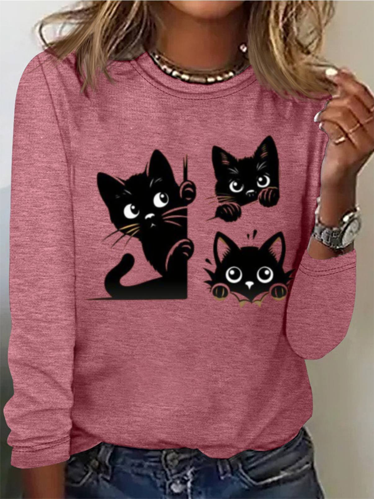 Women's Cute Black Cat Print Tee Long Sleeve Casual T-Shirt