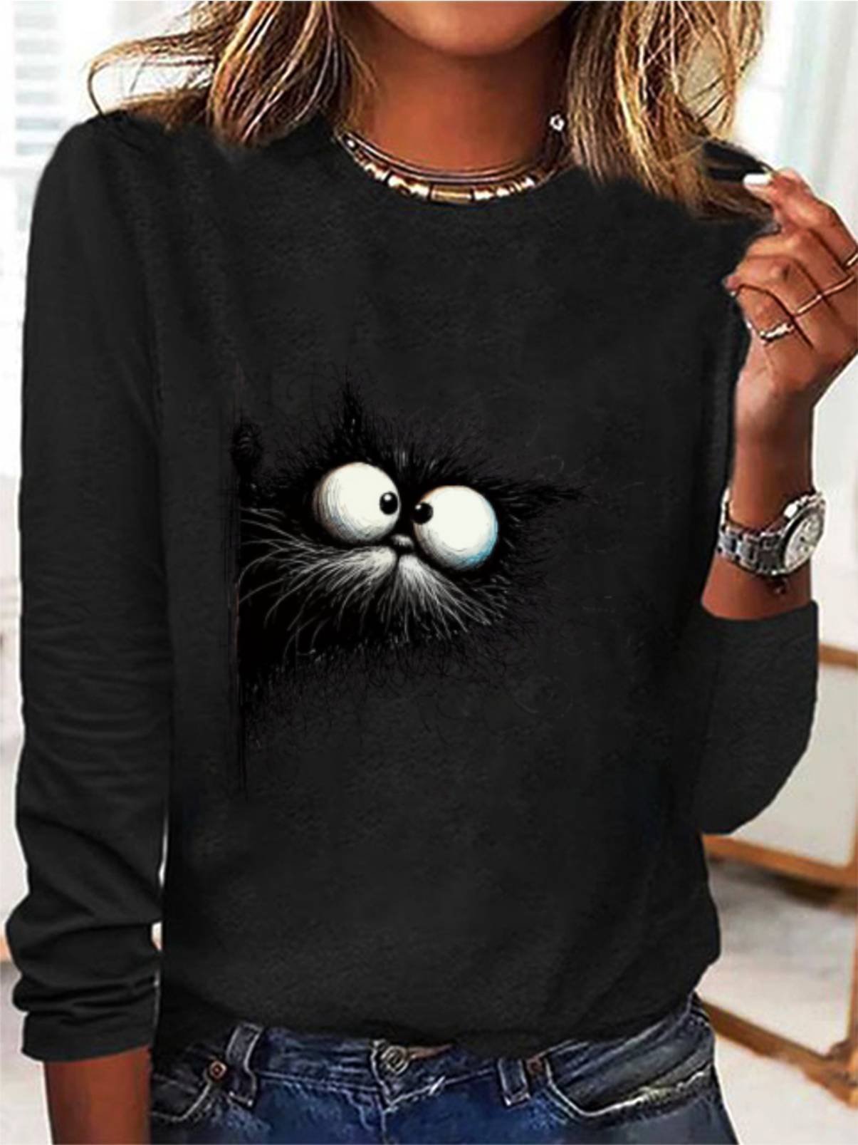 Women's Cute Cat Print Tee Animal Print Long Sleeve Casual Funny T-Shirt