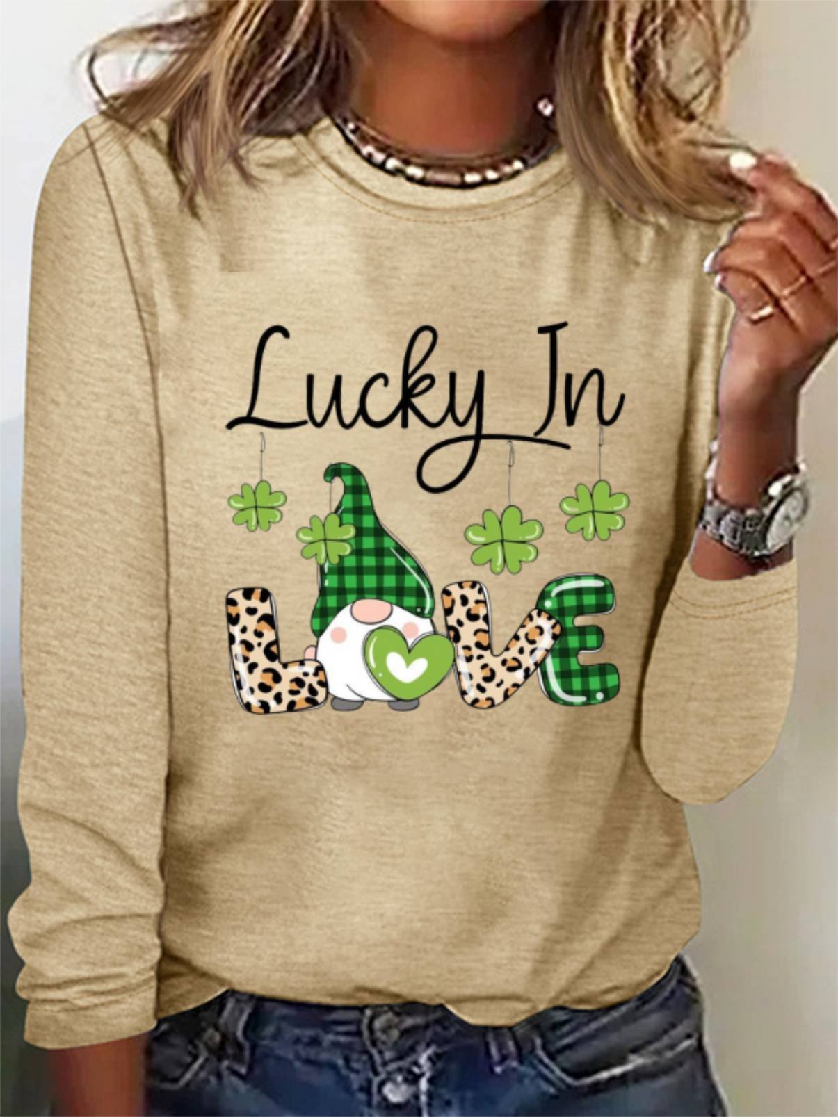 St. Patrick's Day Four Leaf Clover Print Long Sleeve Crew Neck T-shirt