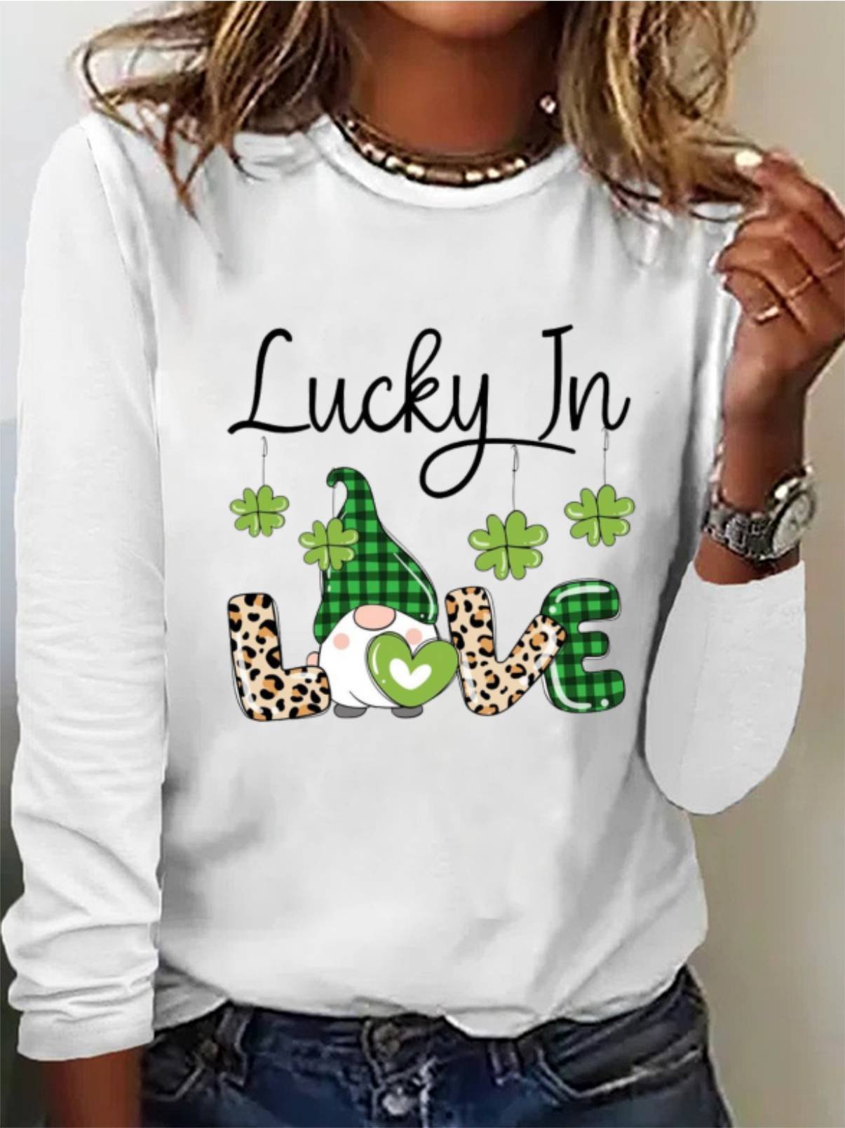 St. Patrick's Day Four Leaf Clover Print Long Sleeve Crew Neck T-shirt