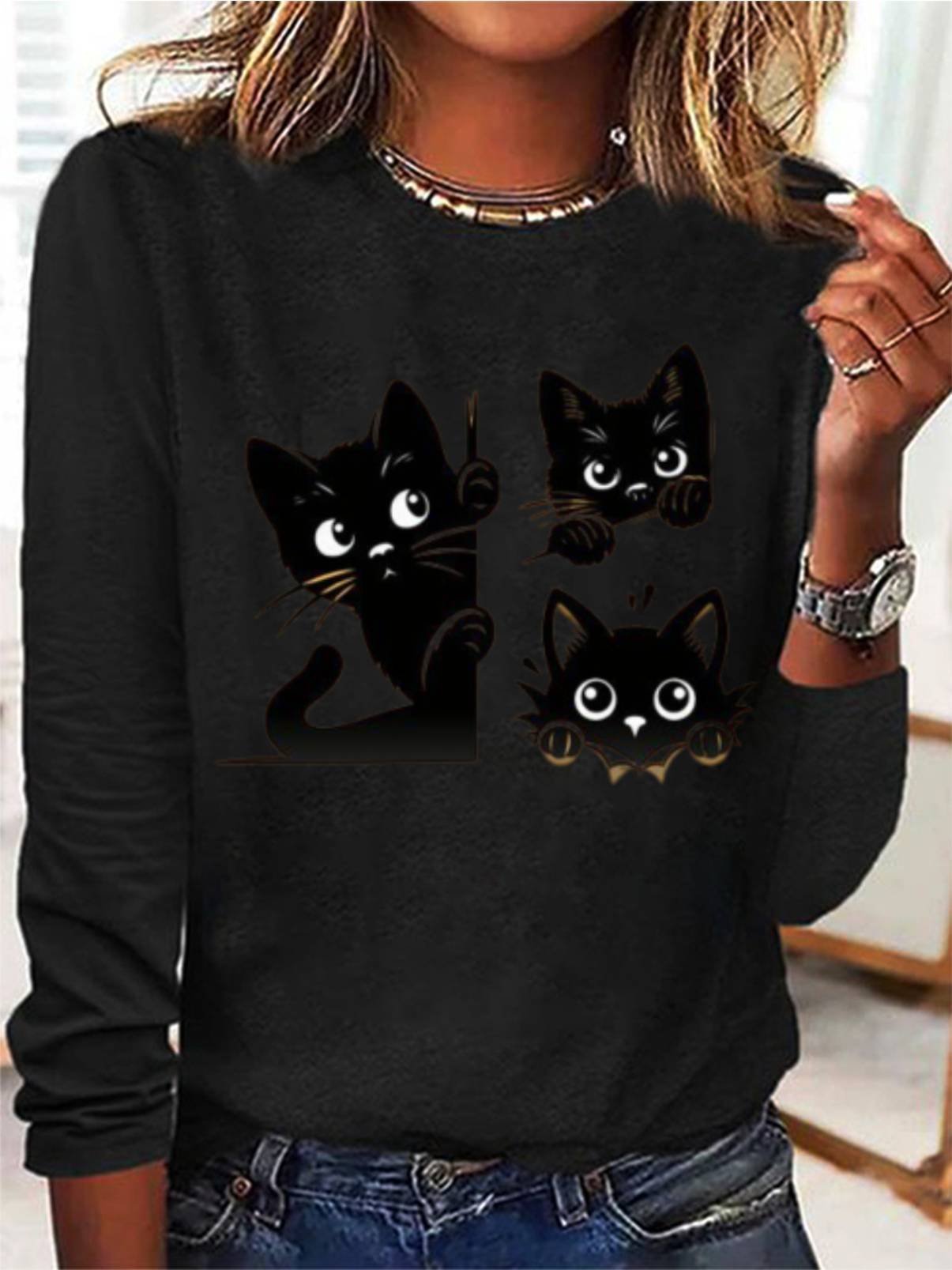 Women's Cute Black Cat Print Tee Long Sleeve Casual T-Shirt