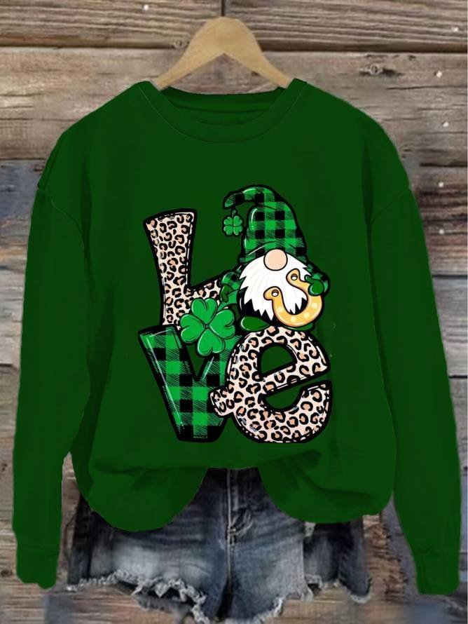 Women's Love Leopard Print Sweatshirt St. Patrick's Day Four-Leaf Clover Crew Neck Sweatshirt